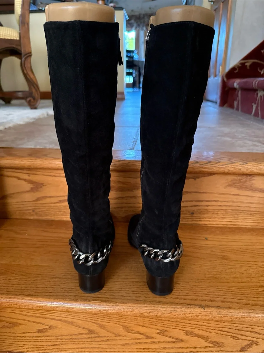 Michael Kors Black Suede Over-the-Knee Boots with Silver Chain
